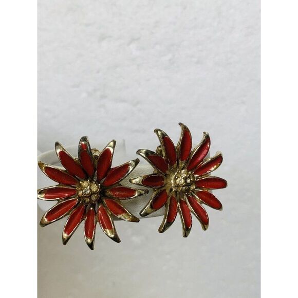 Vintage Red Enamel Sunflower Rhinestone Gold Tone Clip On Button Earrings - Picture 7 of 10